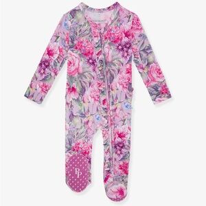 Posh Peanut Pink and Purple Floral ruffle bum footie pajamas - Ellery 0-3 months